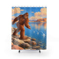 Cinnamon Bigfoot skipping a stone across a blue lake shower curtain with full front view