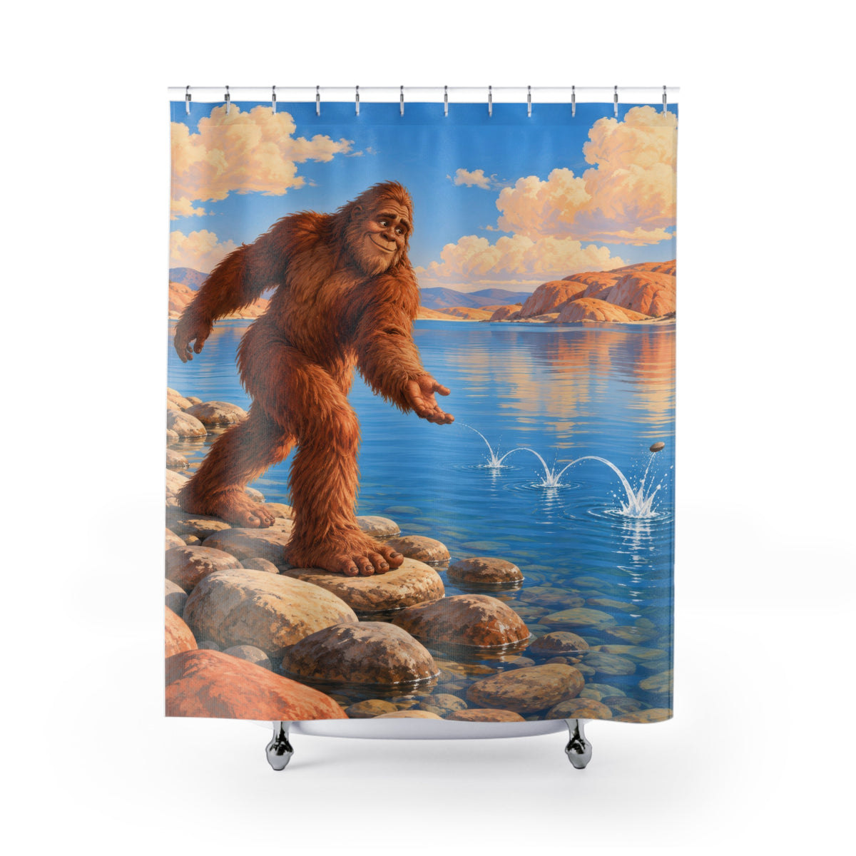 Cinnamon Bigfoot skipping a stone across a blue lake shower curtain with full front view