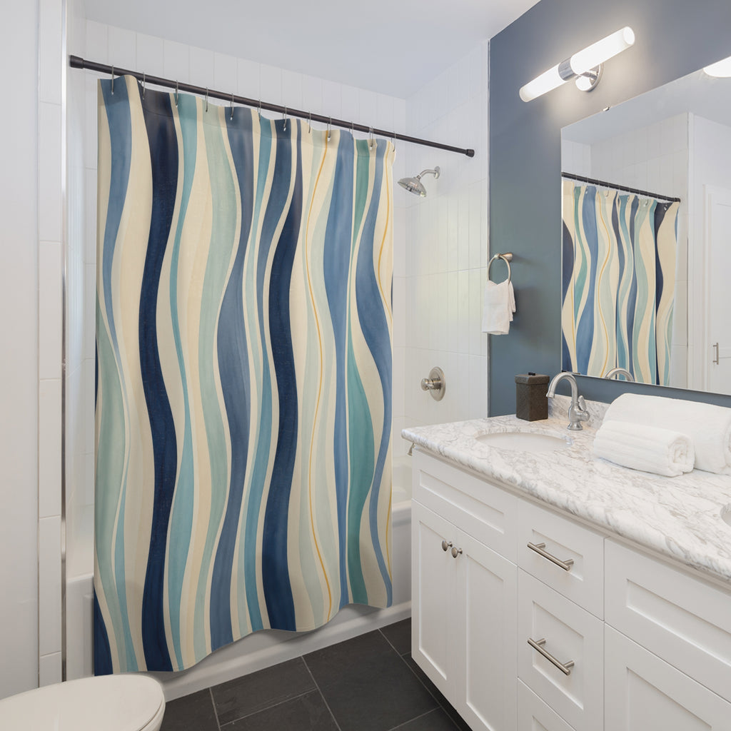 Navy Aqua Wavy Ribbon Shower Curtain