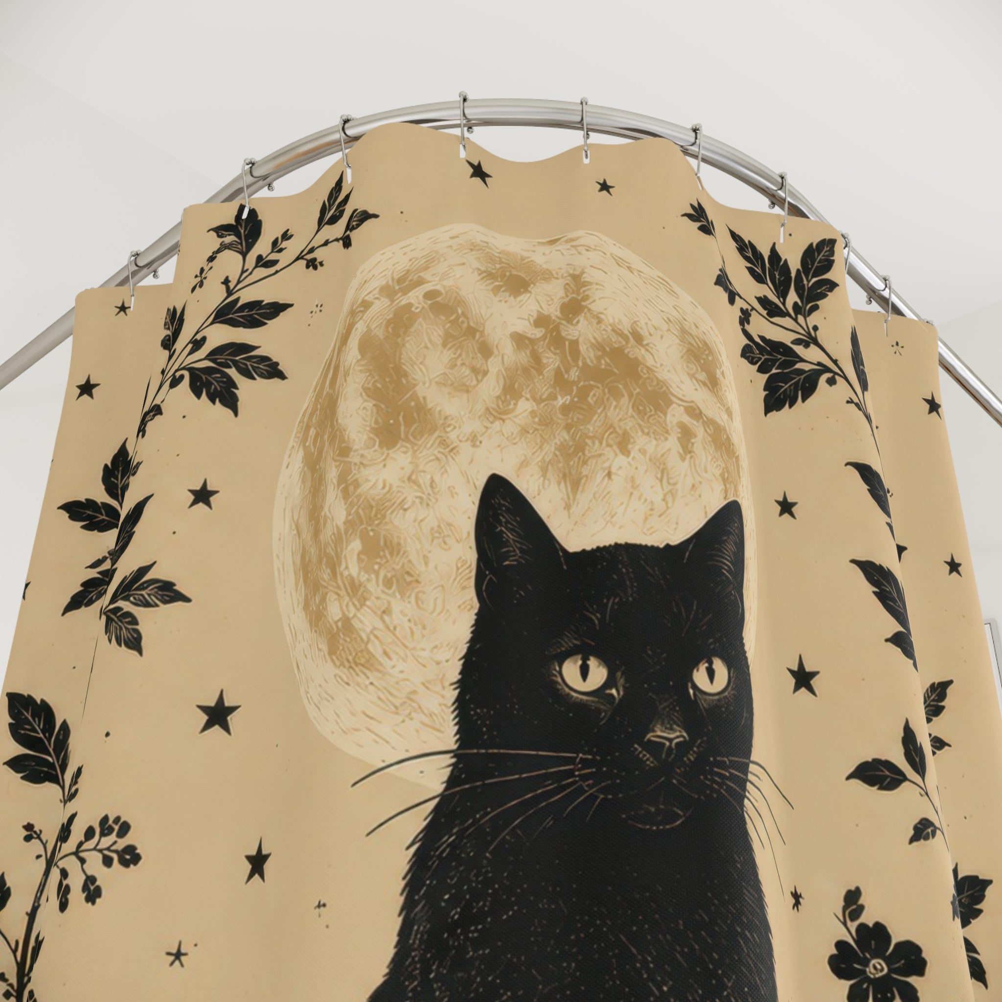 Black Cat Shower Curtain: Vintage Moon Botanical