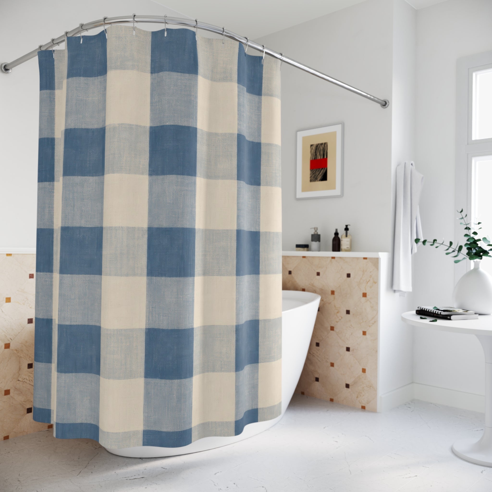 Soft Blue Ivory Plaid Buffalo Check Shower Curtain
