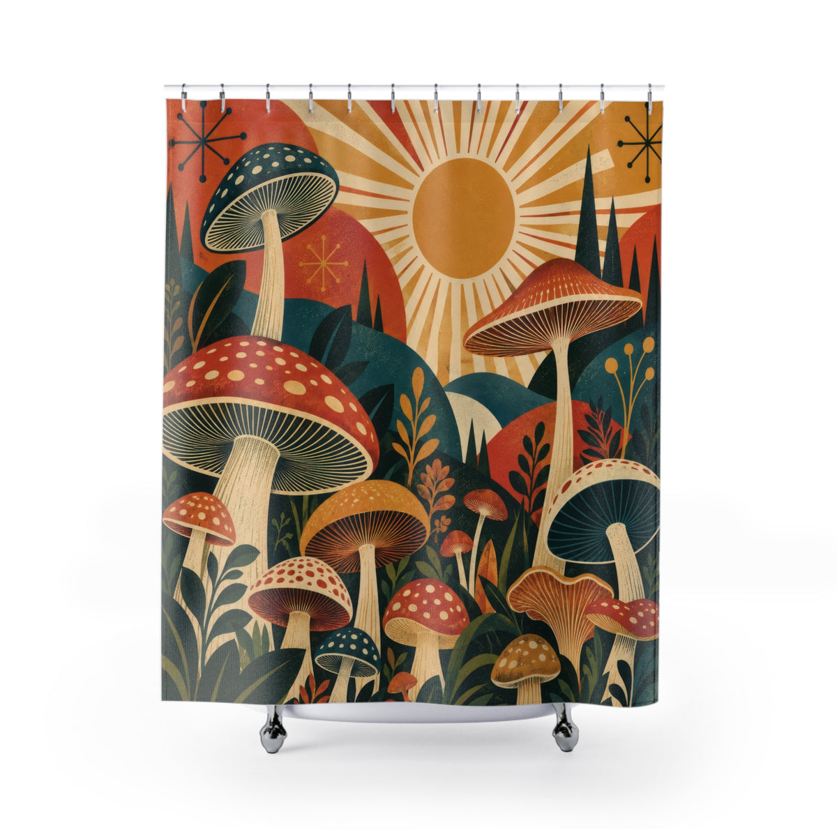 Vintage Mushroom Shower Curtain, Retro Sunburst