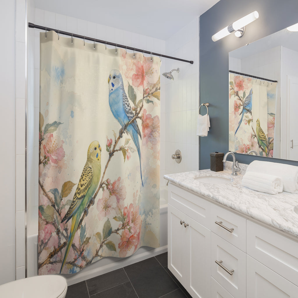 Watercolor Parakeet Pair shower curtain beside a white vanity