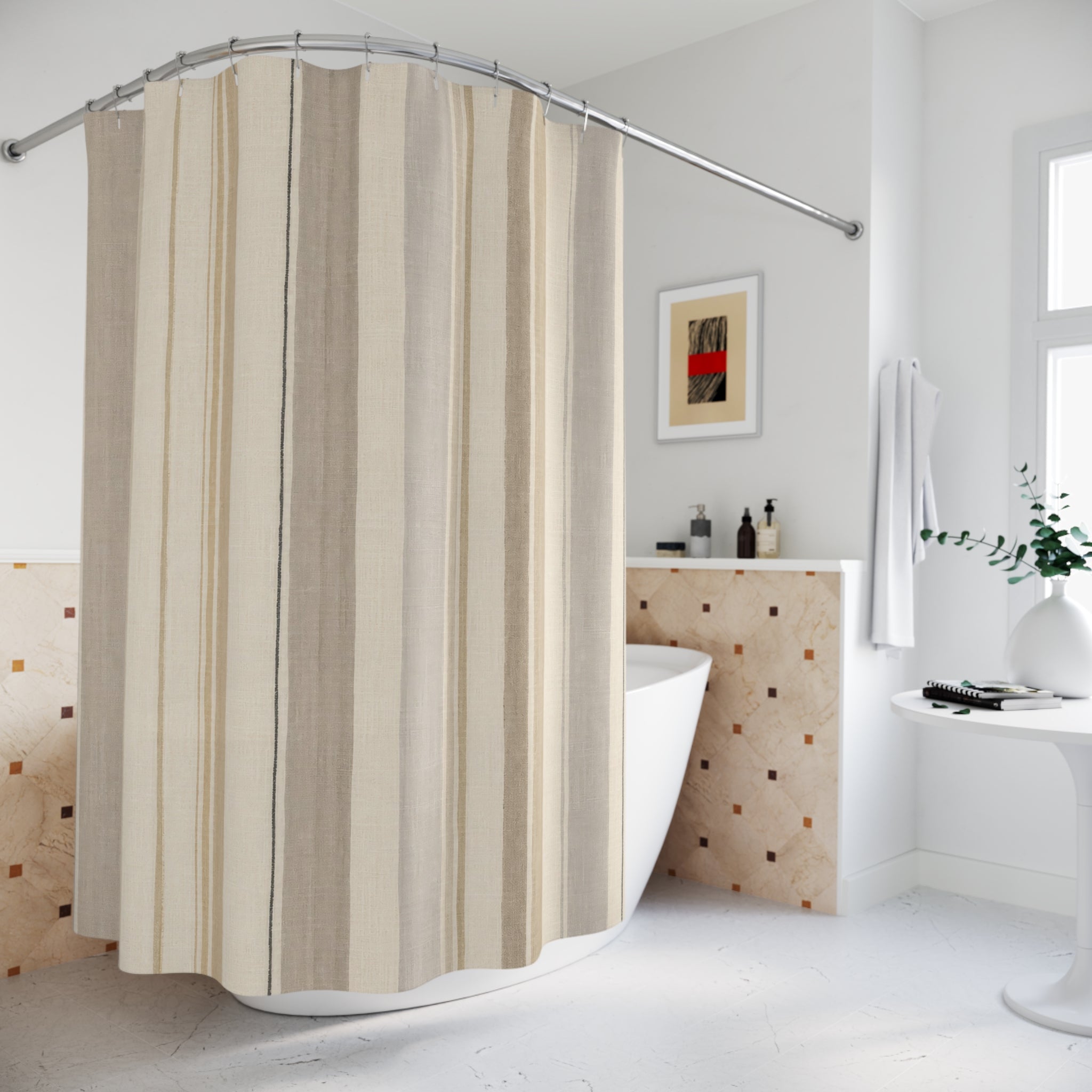 Ivory Gray Minimal Watercolor Stripe Shower Curtain