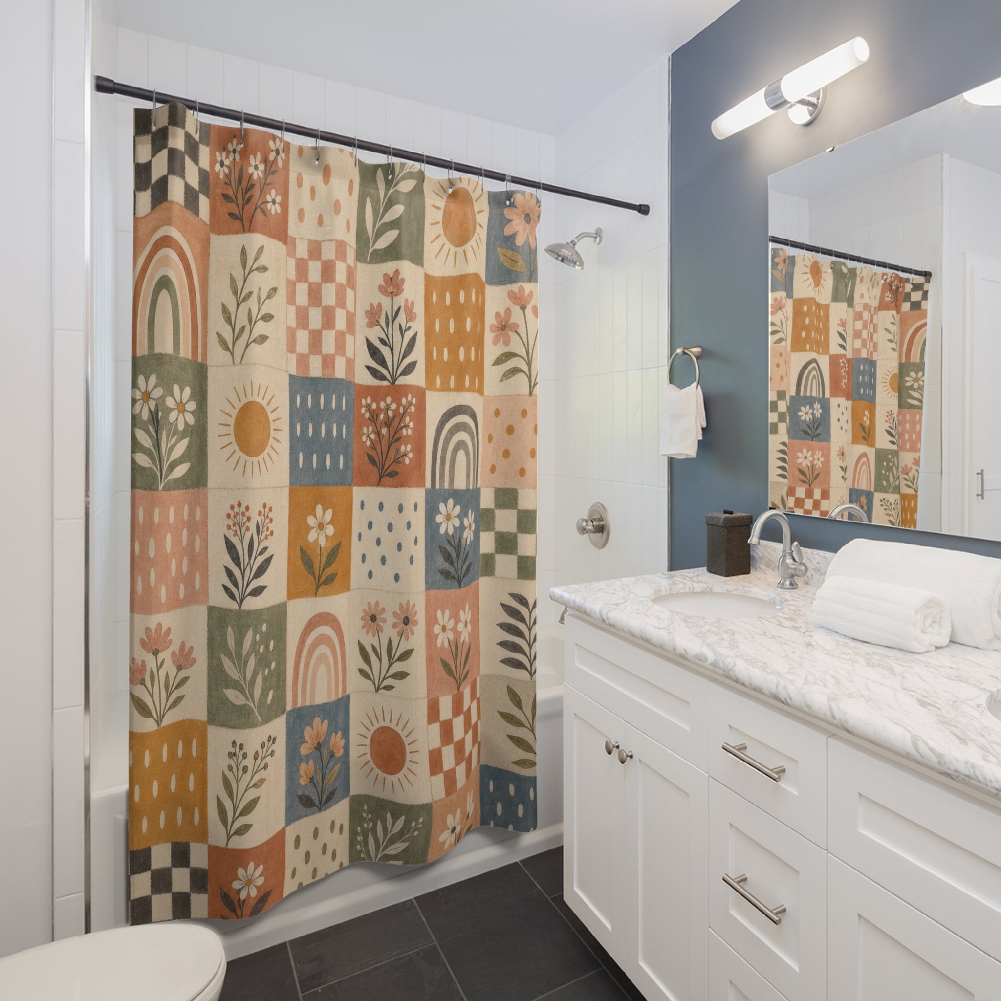 Checkered Boho Floral Shower Curtain
