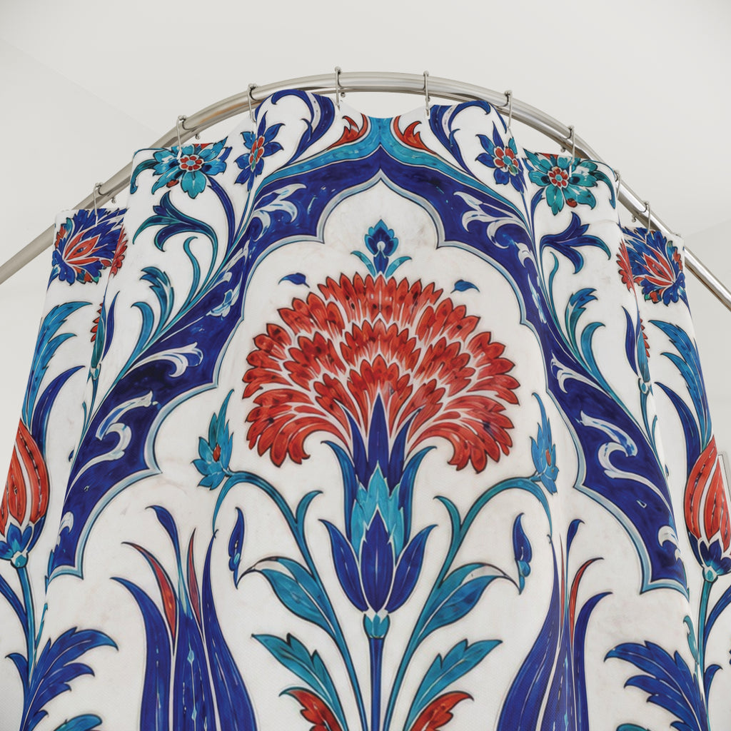Turkish Shower Curtain: Blue Red Floral Tile