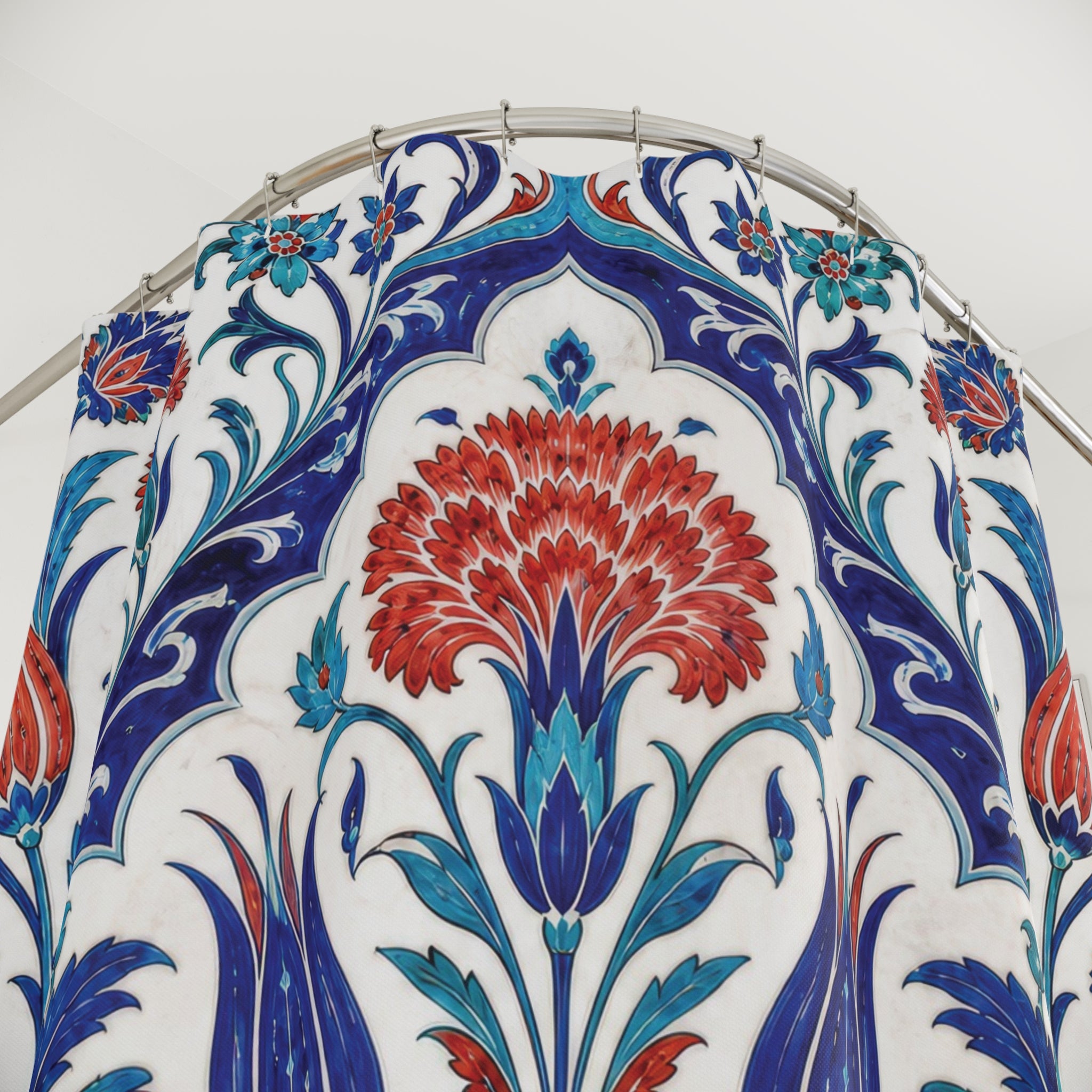Turkish Shower Curtain: Blue Red Floral Tile