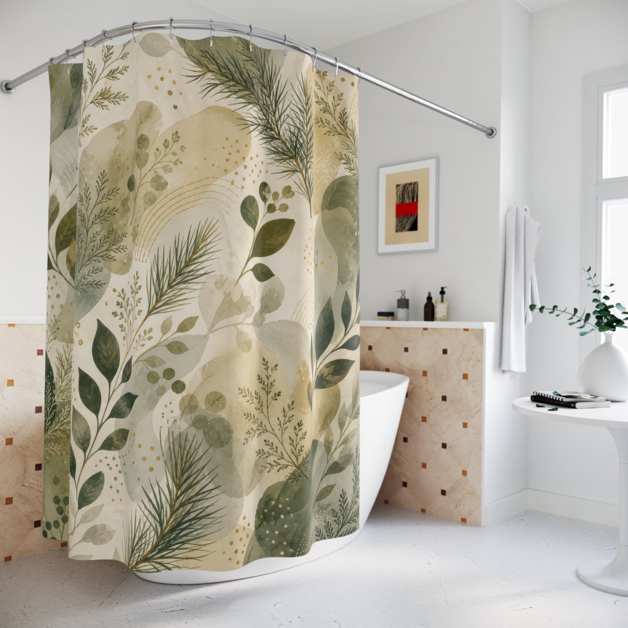Green Botanical Shower Curtain, Beige Sage Bath Decor, Soft Leaf Abstract Pattern, Soft Organic Neutral Guest Bathroom Decor Style