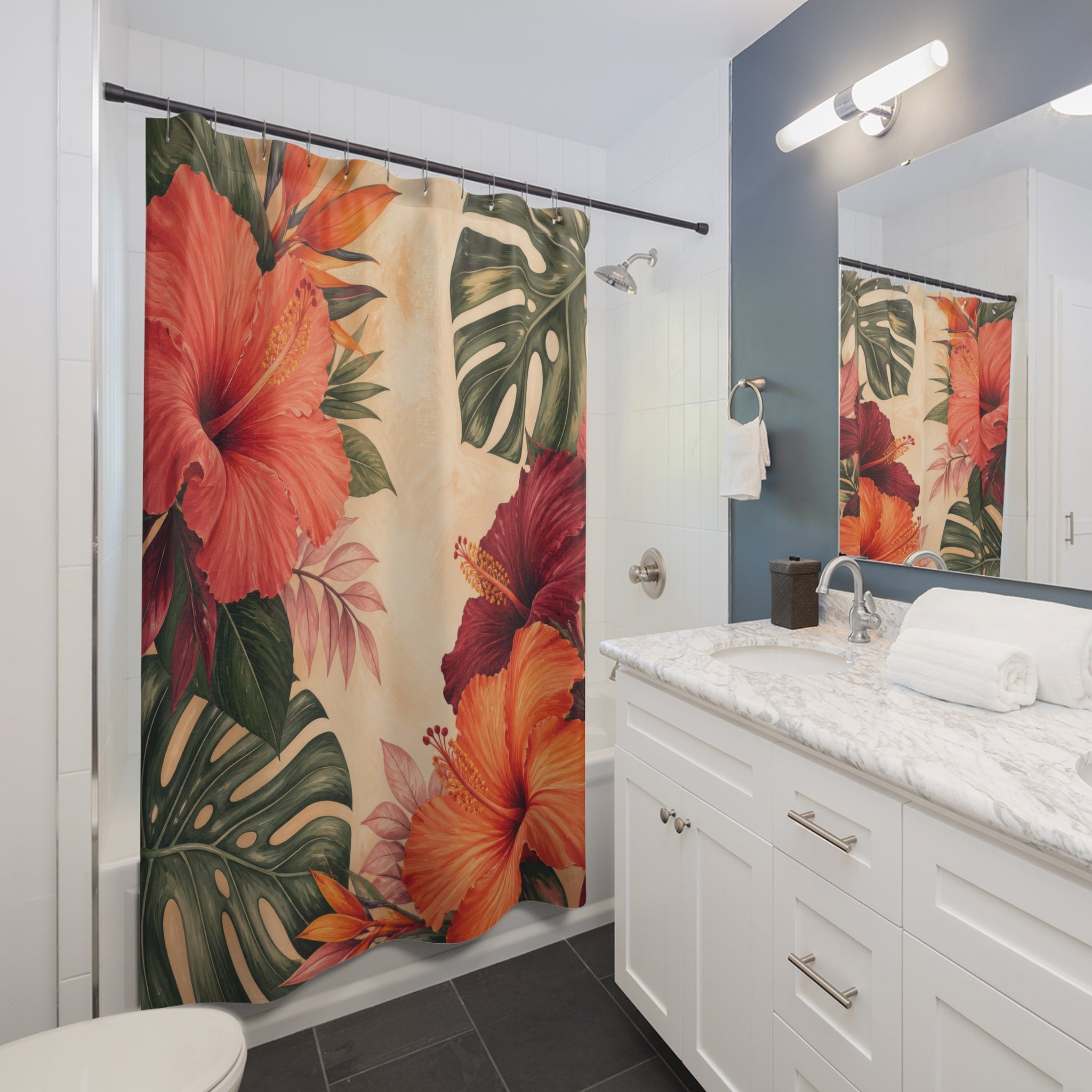 Coral Tropical Hibiscus Shower Curtain