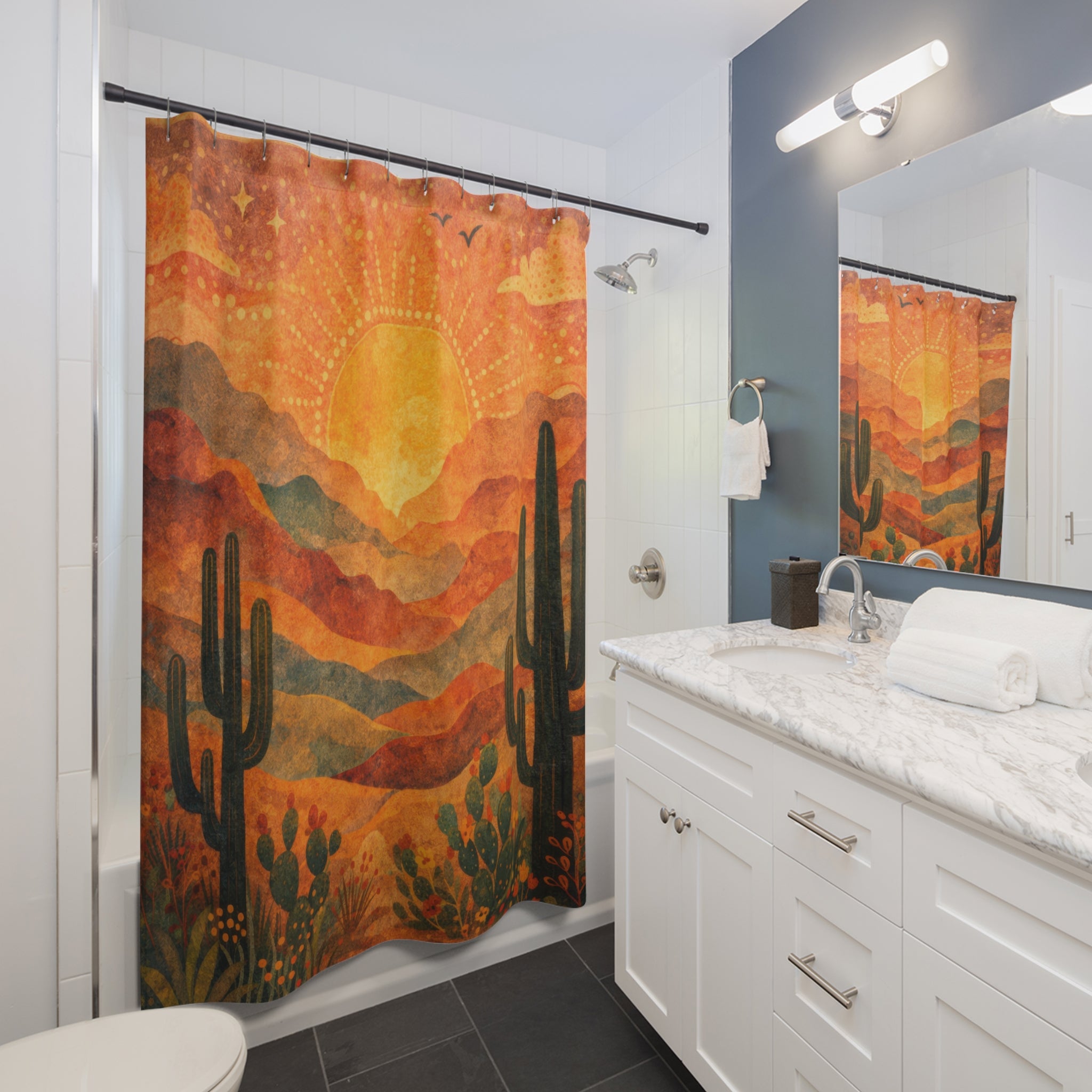 Folk Art Desert Shower Curtain — Terracotta Cactus