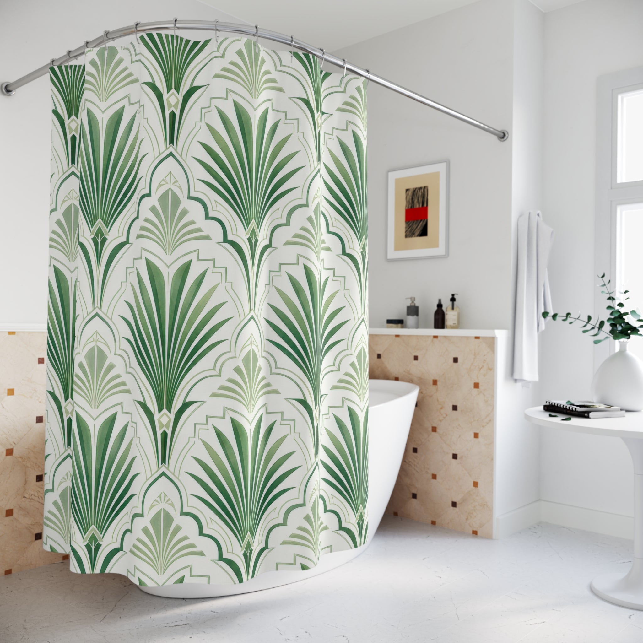Green White Fan Arch Shower Curtain