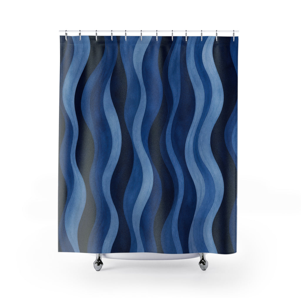 Navy Cobalt Ripple Stripe Shower Curtain