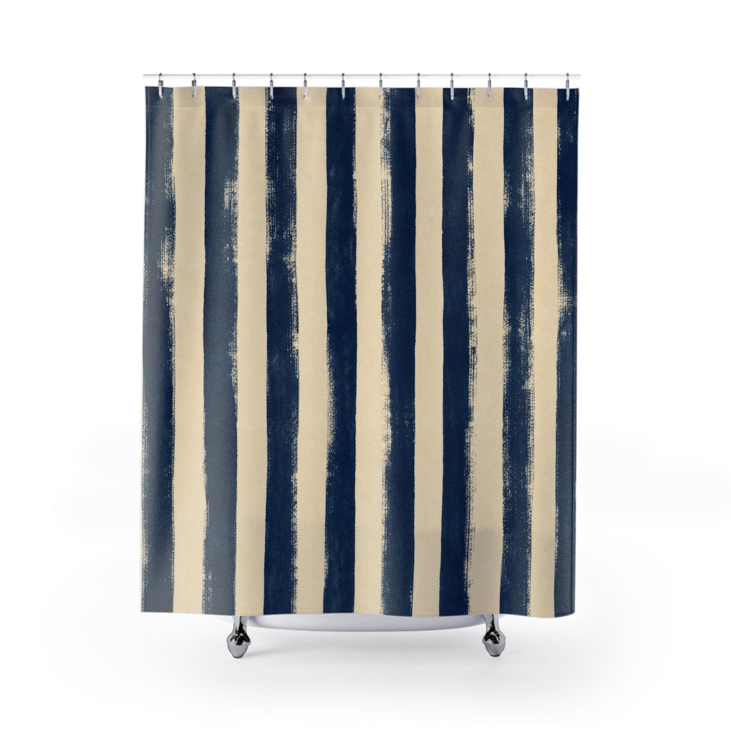 Rough Navy Indigo Brush Stripe Shower Curtain