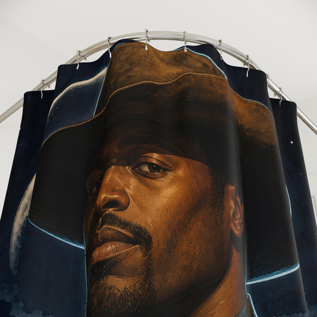 Moonlit cowboy portrait in indigo and copper tones shower curtain with close-up print, hooks, and folds