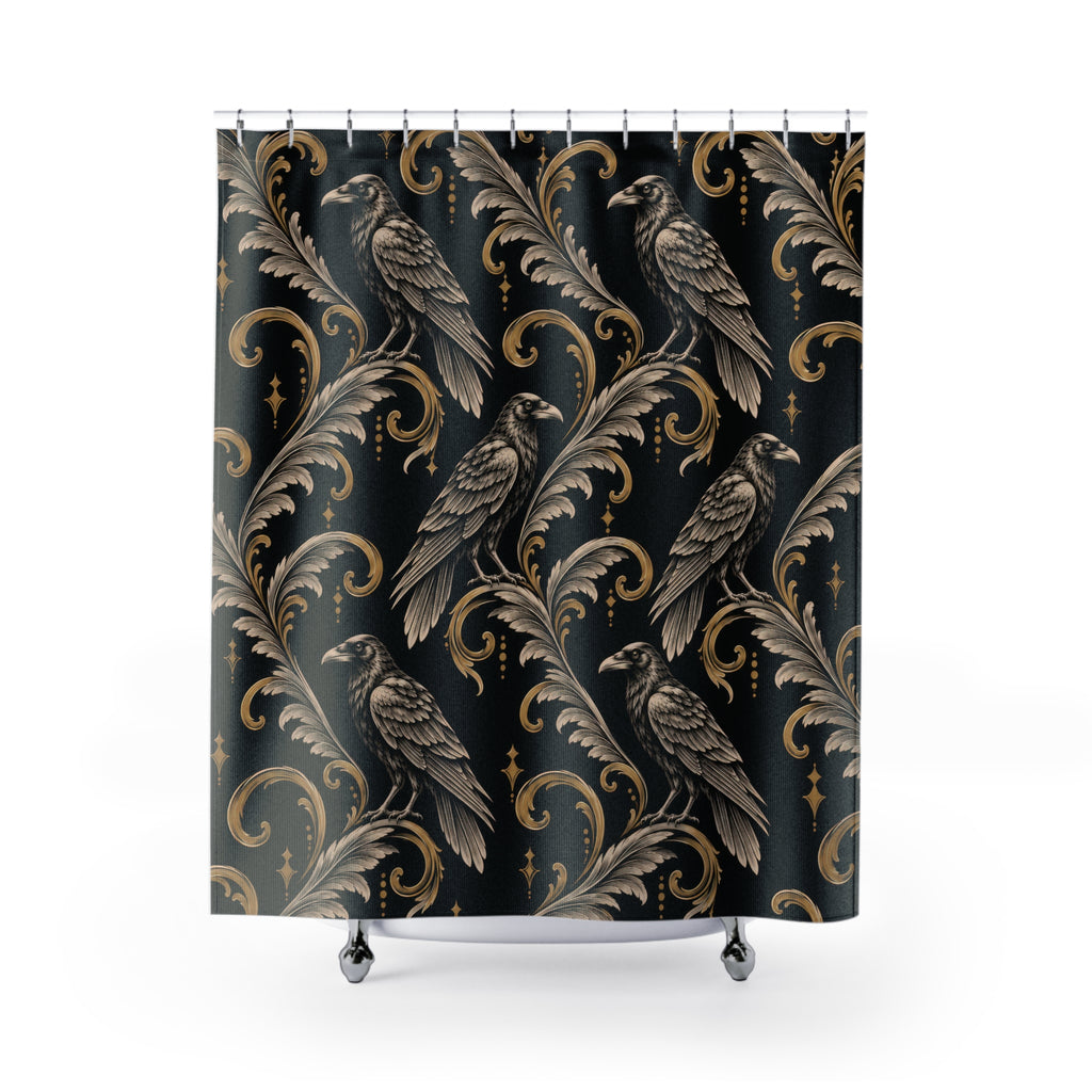 Ivory raven linework and gold-tone scrolls on black shower curtain with full front view