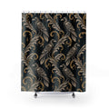 Ivory raven linework and gold-tone scrolls on black shower curtain with full front view