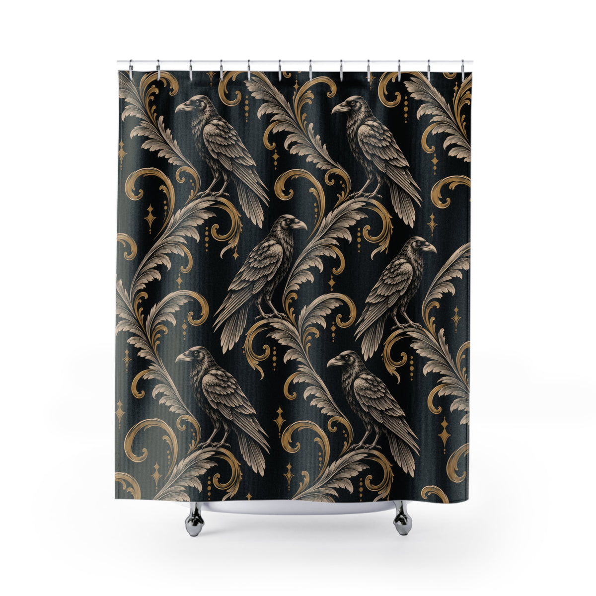 Ivory raven linework and gold-tone scrolls on black shower curtain with full front view