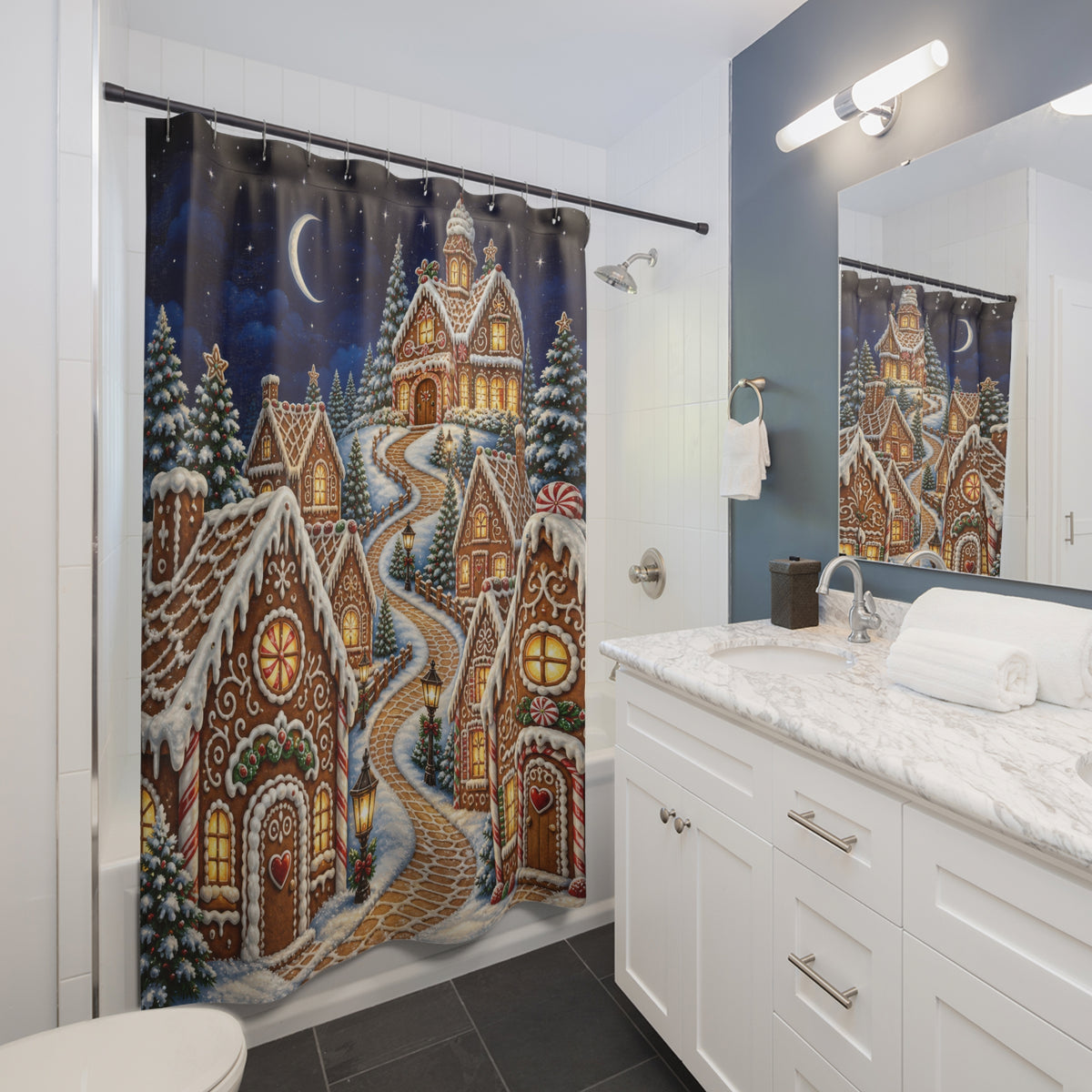 Moonlit gingerbread village with snowy cookie houses shower curtain beside a white vanity