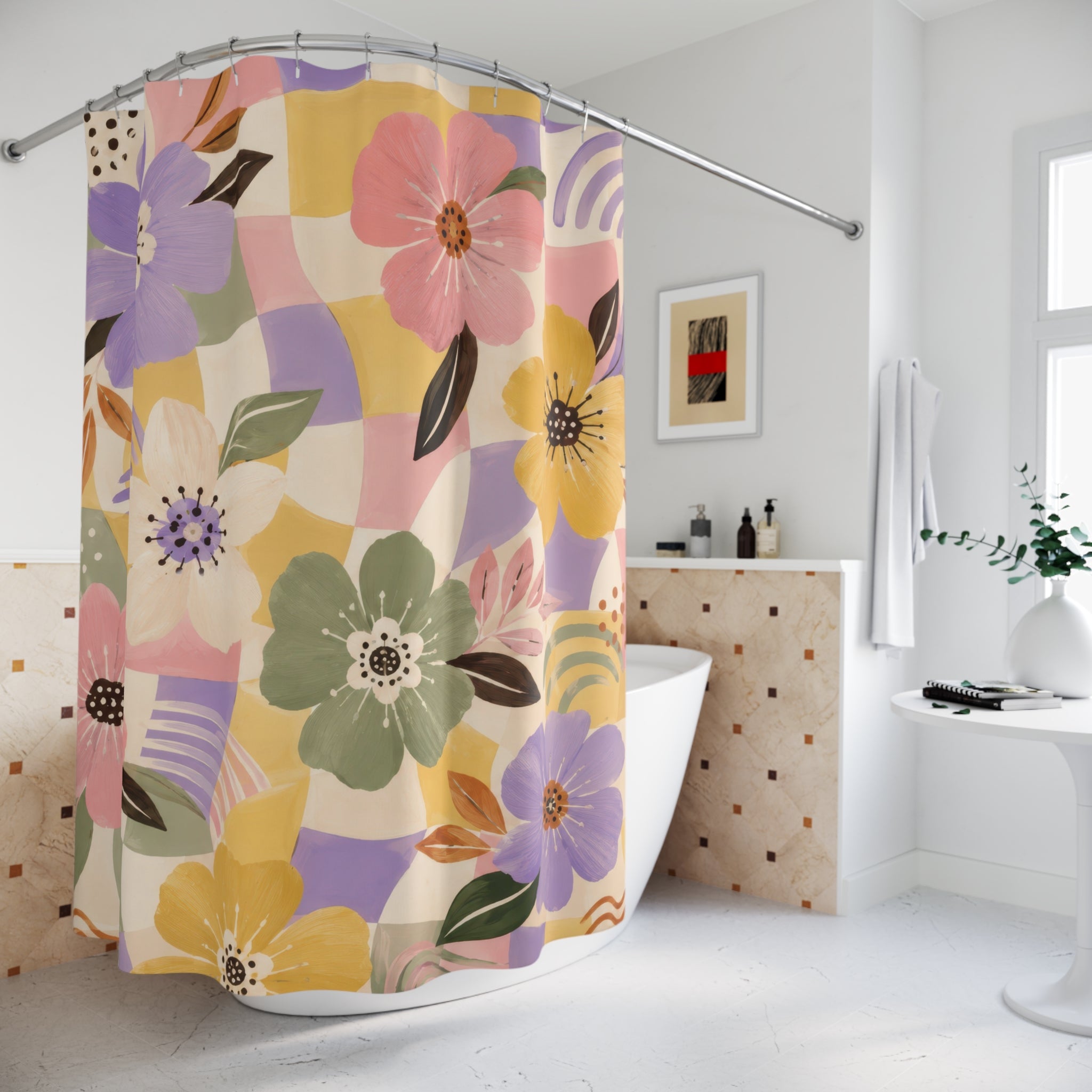 Trendy Floral Shower Curtain: Pastel Checkerboard
