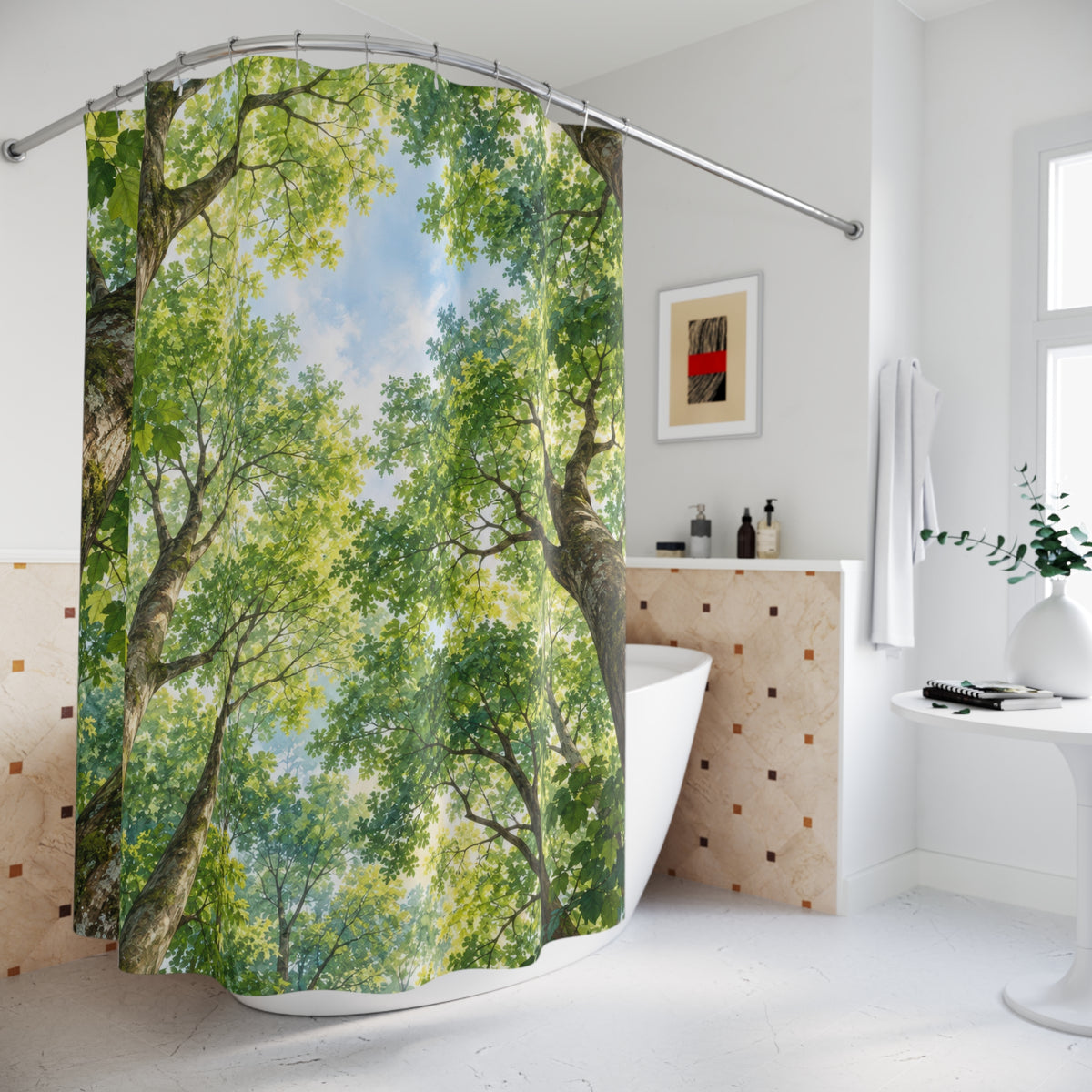 Green tree canopy around pale blue sky shower curtain beside a freestanding tub