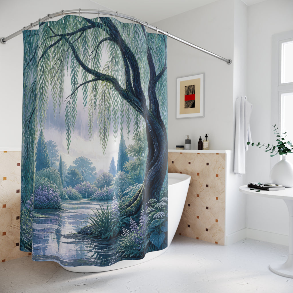 Blue willow tree framing a lavender garden pond shower curtain beside a freestanding tub