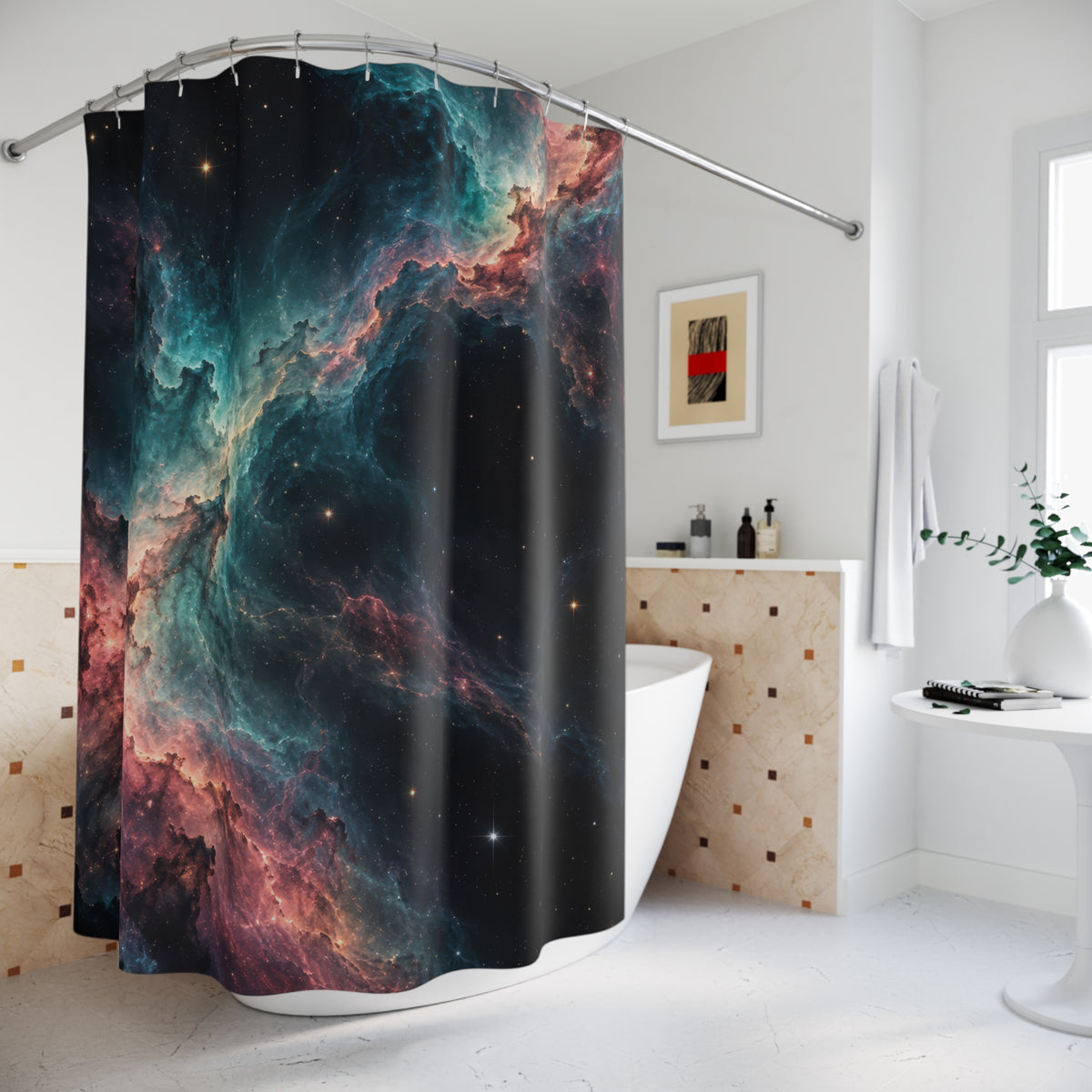 Teal and rose nebula light with stars in dark space shower curtain beside a freestanding tub