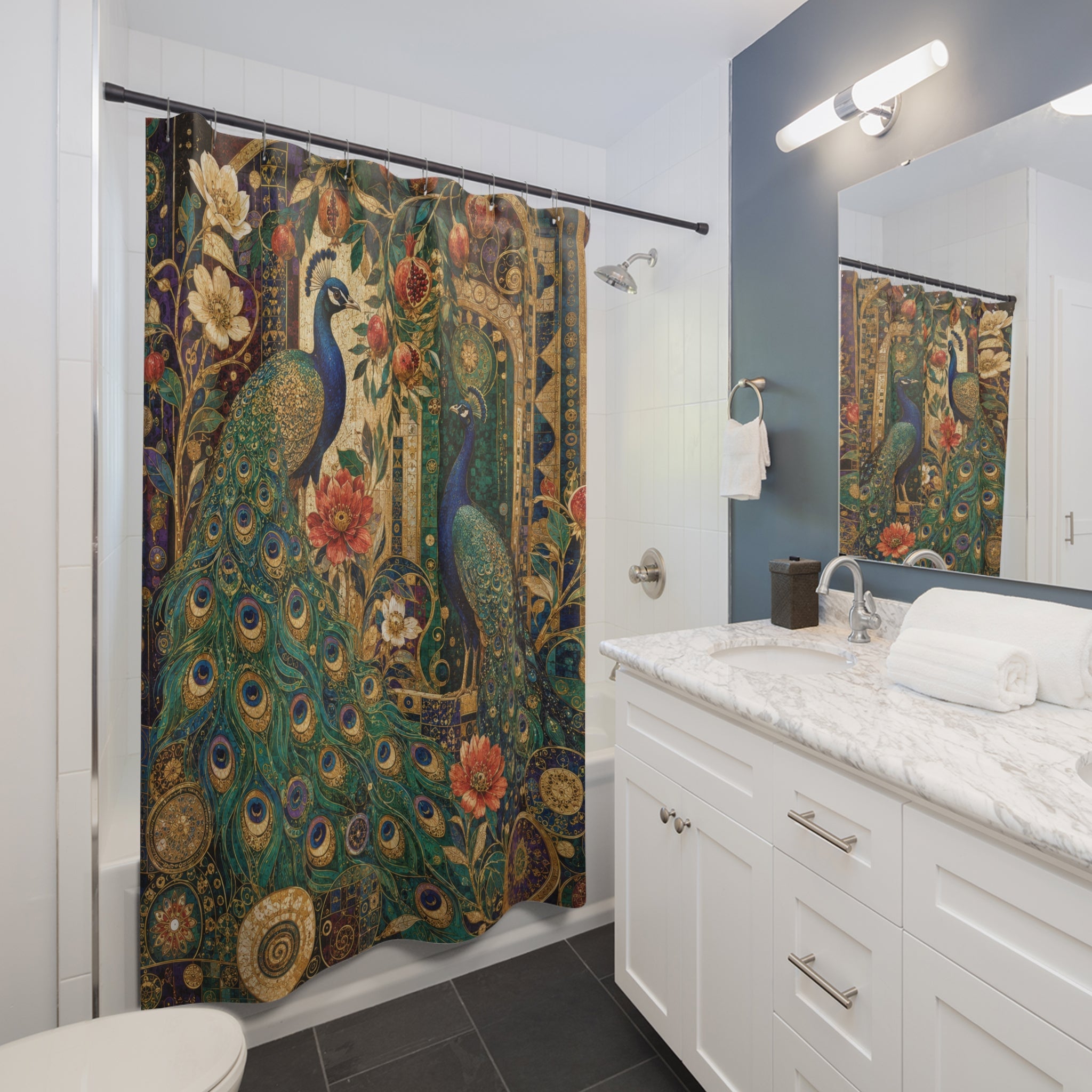 Klimt Inspired Peacock Shower Curtain: Teal Green Nouveau