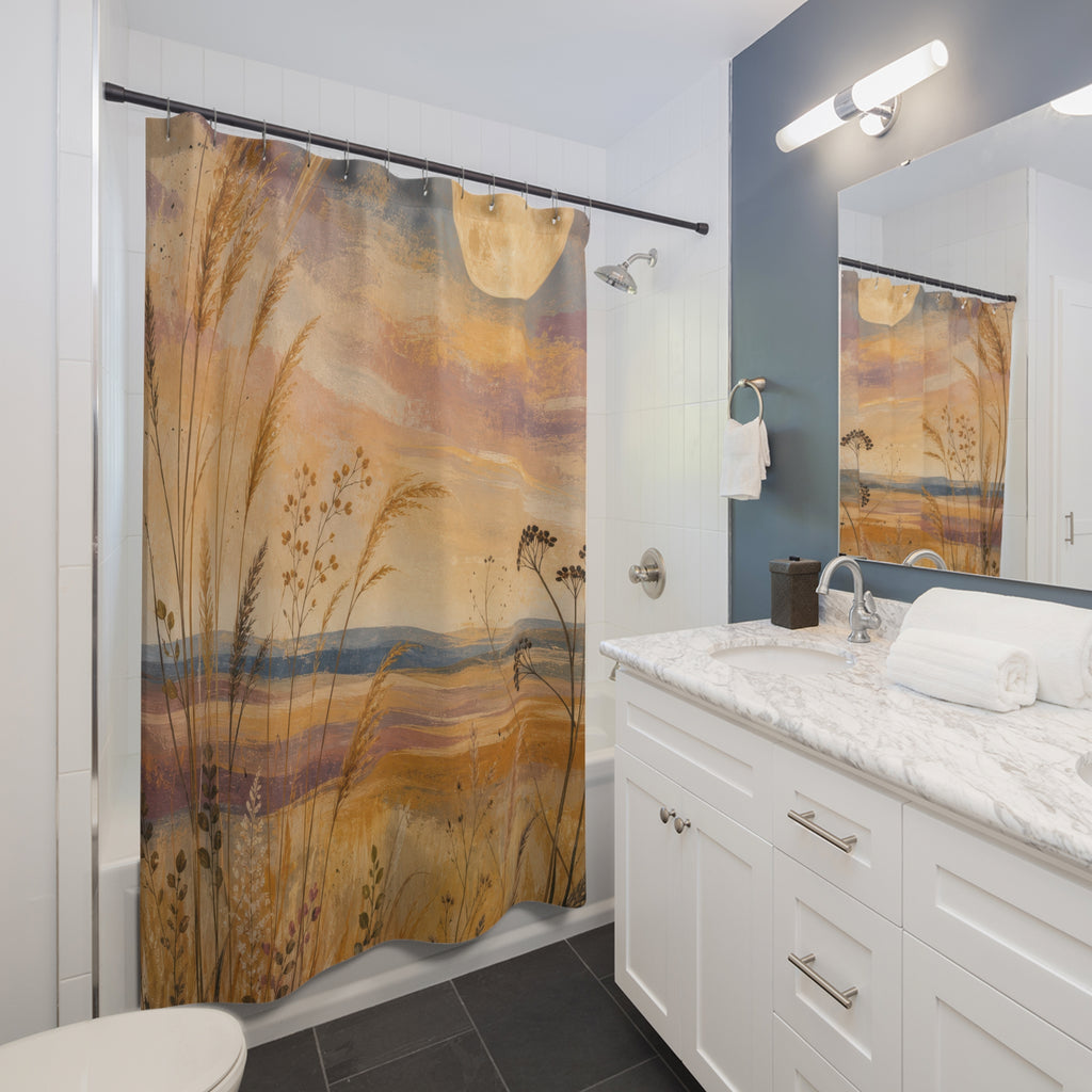 Golden Grassland Moonrise Shower Curtain
