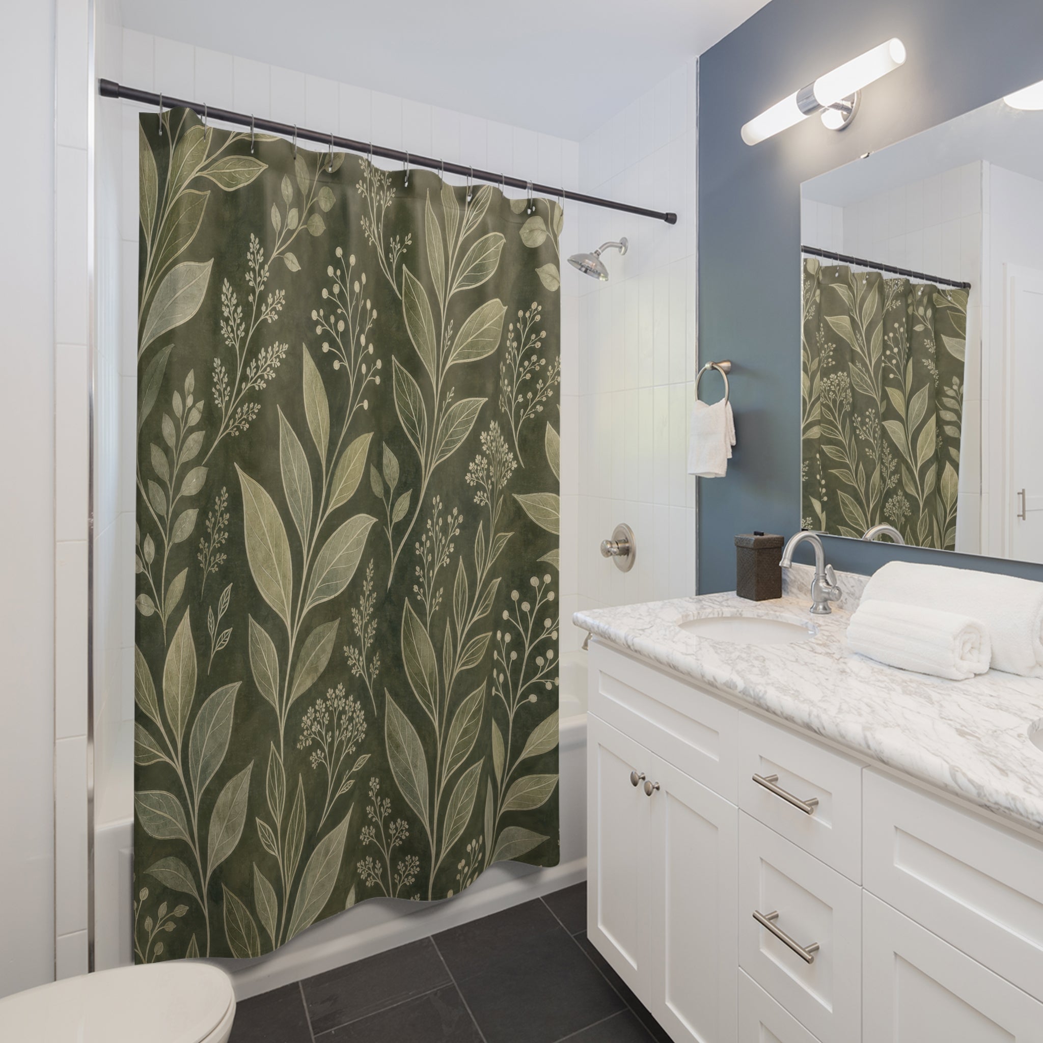 Deep Olive Leaf Print Shower Curtain