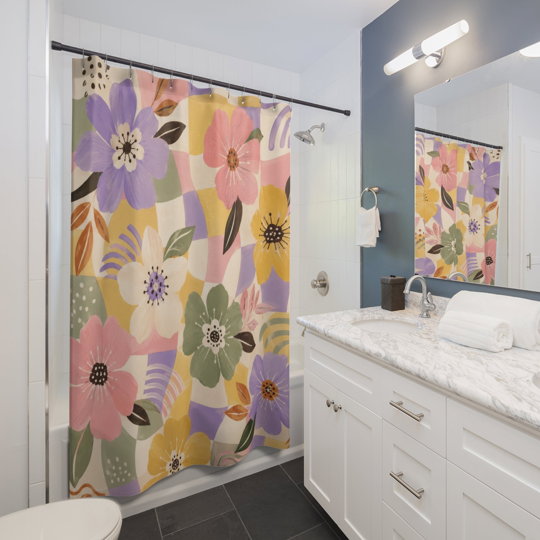 Trendy Floral Shower Curtain: Pastel Checkerboard