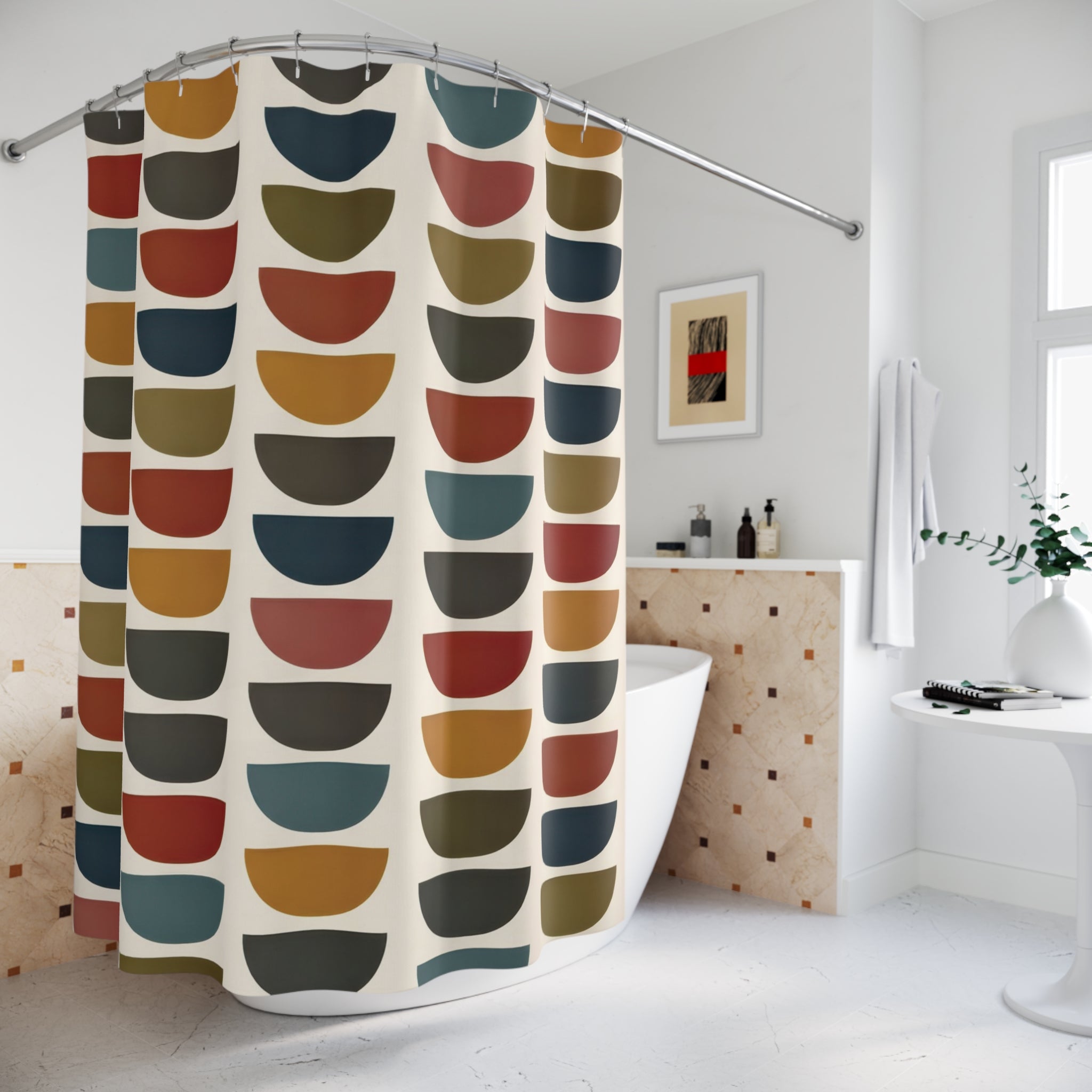 Mid Century Geometric Shower Curtain — Teal Mustard