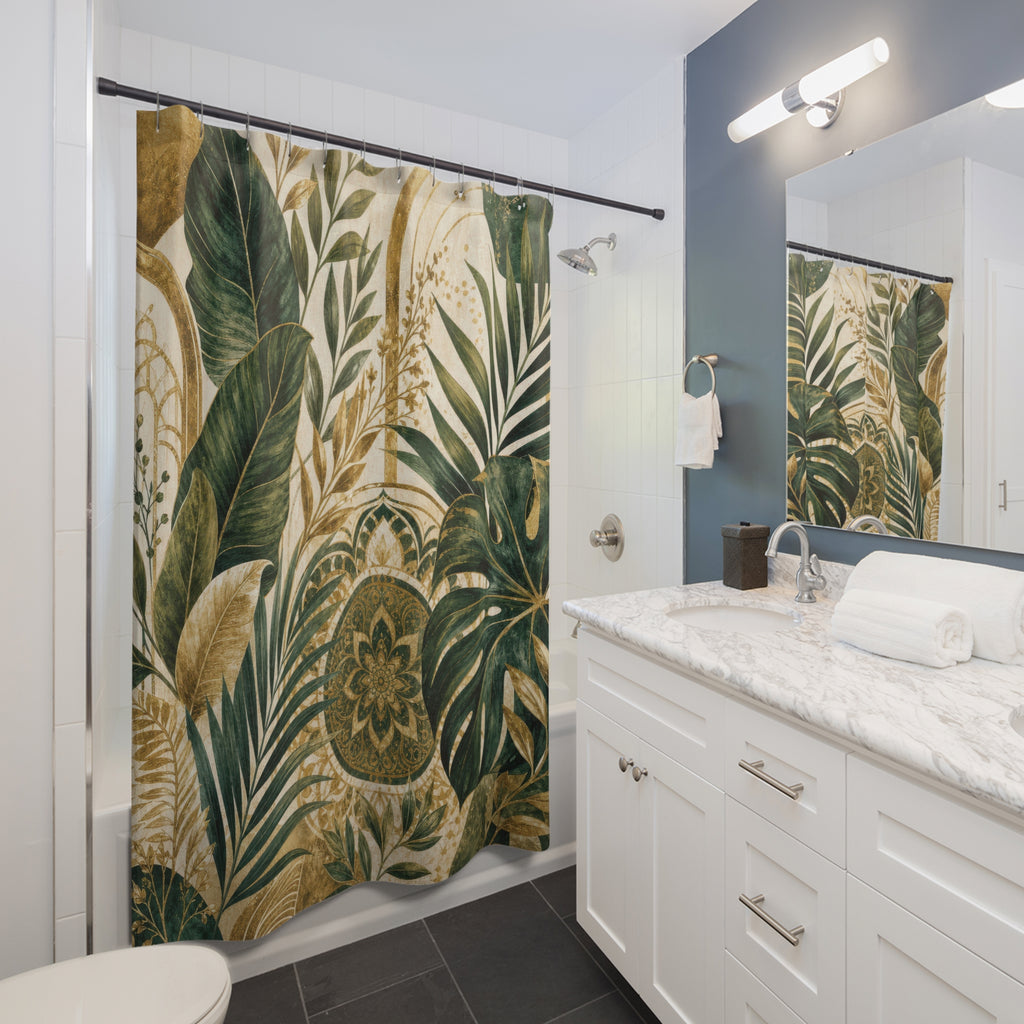 Gold and Green Shower Curtain: Tropical Botanical Pattern