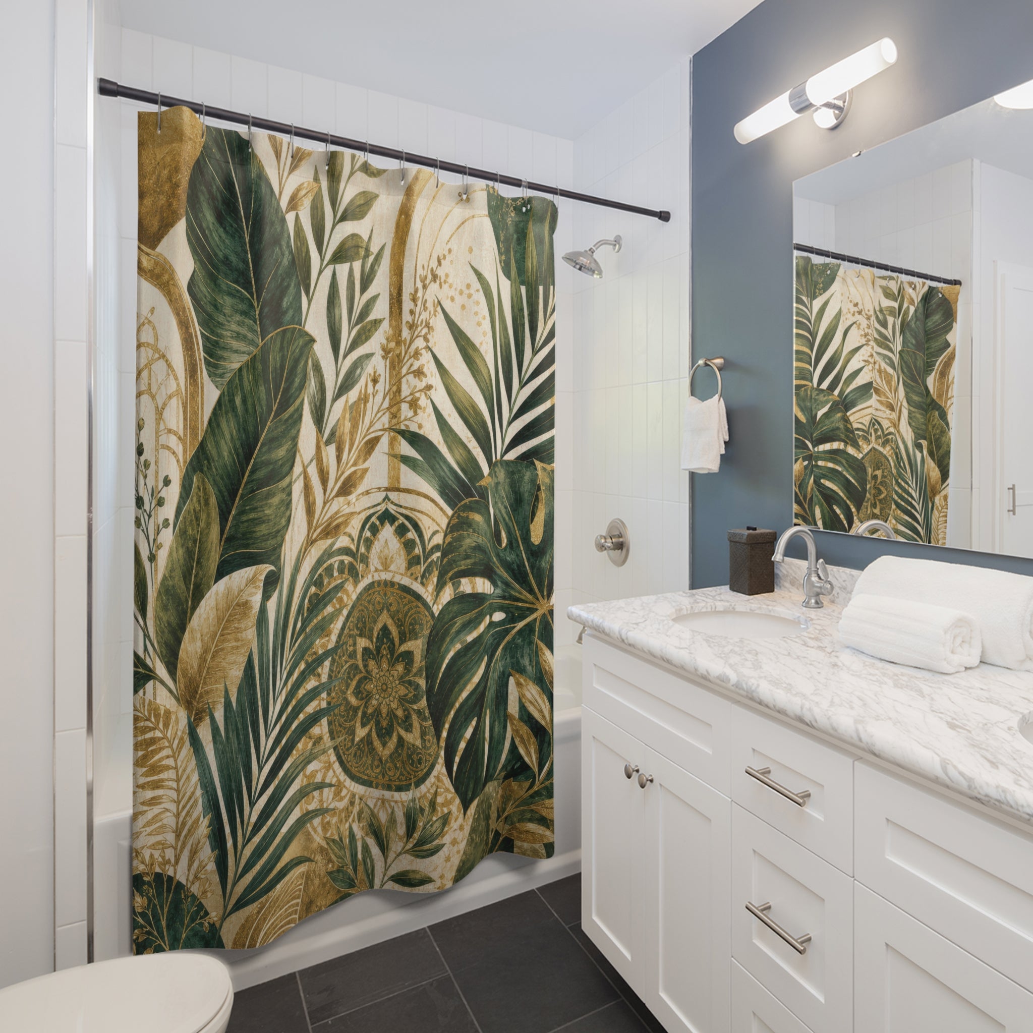Gold and Green Shower Curtain: Tropical Botanical Pattern