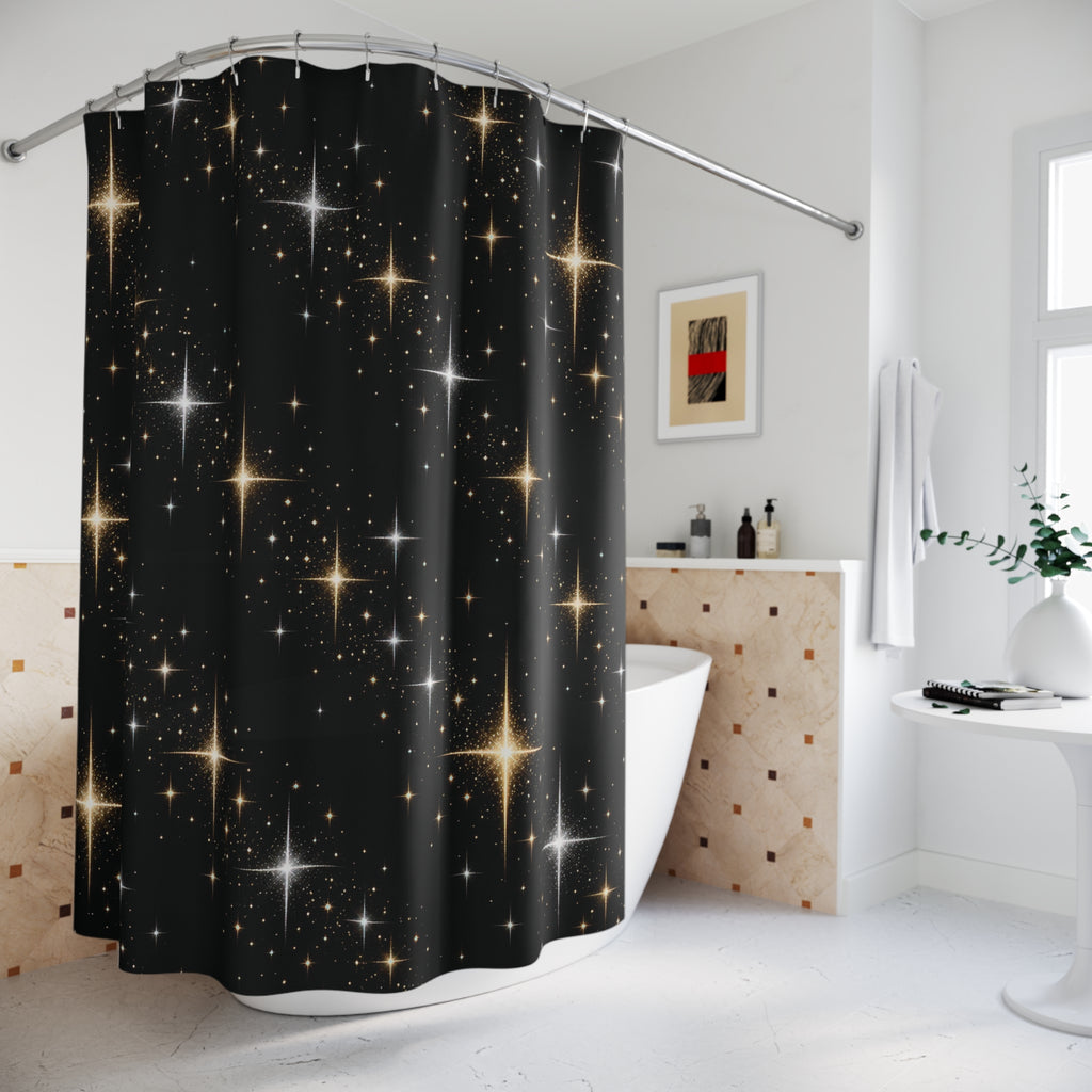 Gold and silver-colored stars on black shower curtain beside a freestanding tub