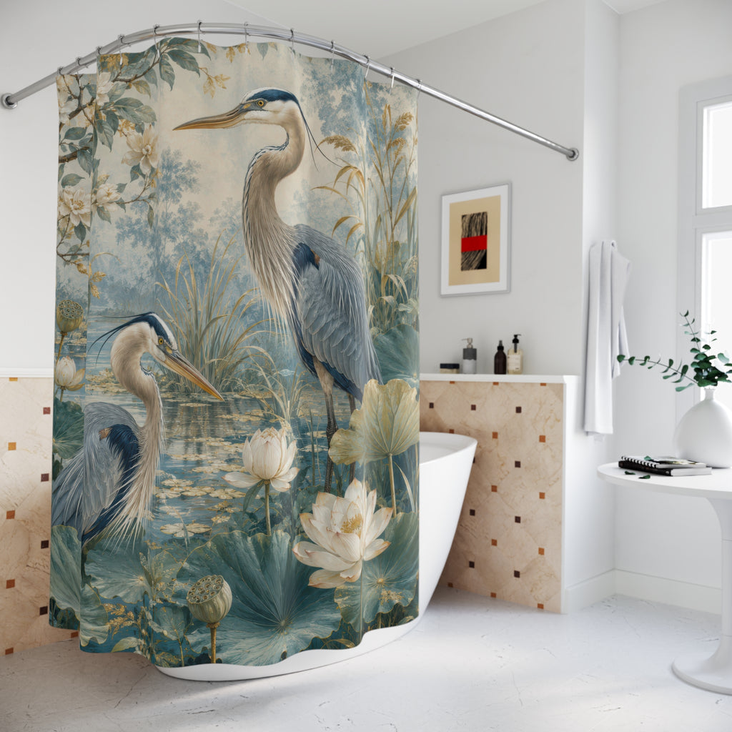 Blue Green Heron Shower Curtain: Lotus Pond Bird