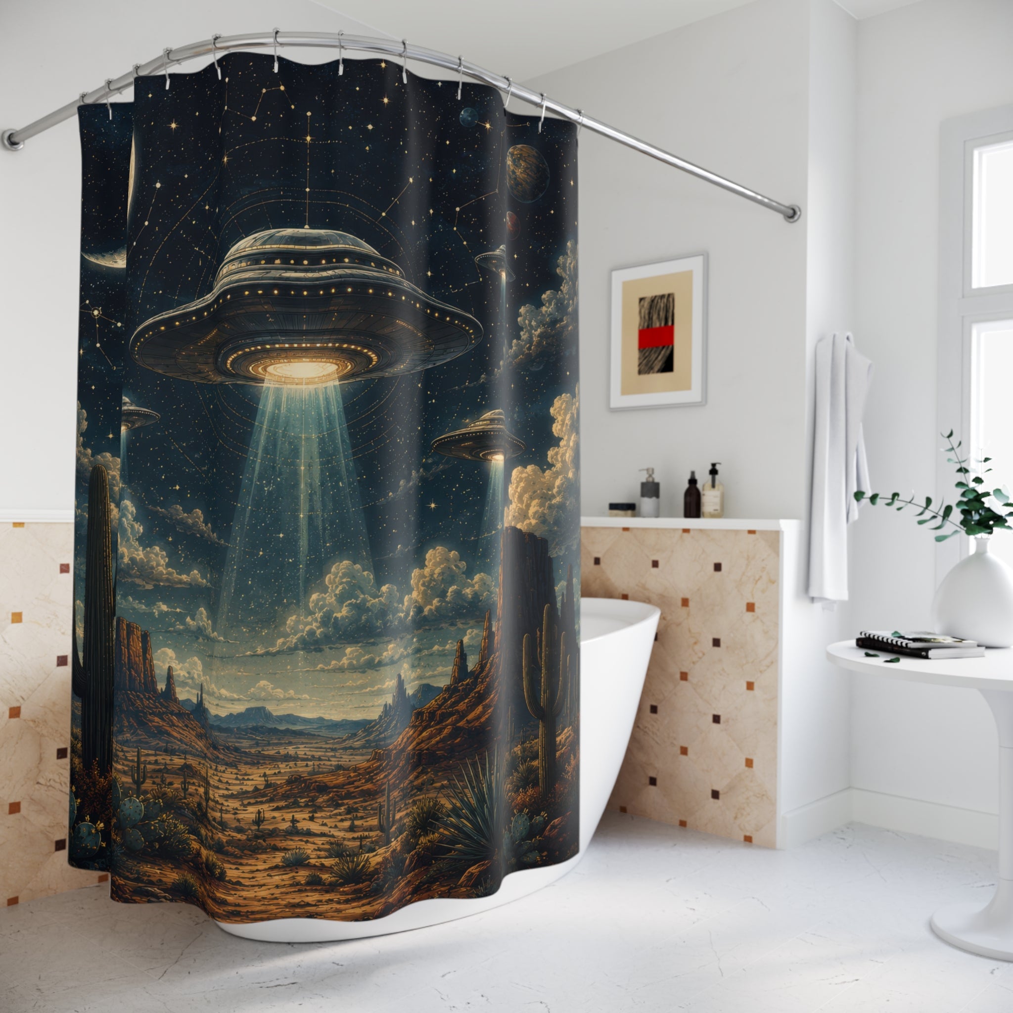UFO Shower Curtain: Desert Night Sky Flying Saucer