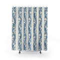 French-blue acanthus leaf stripes on warm ivory shower curtain with full front view