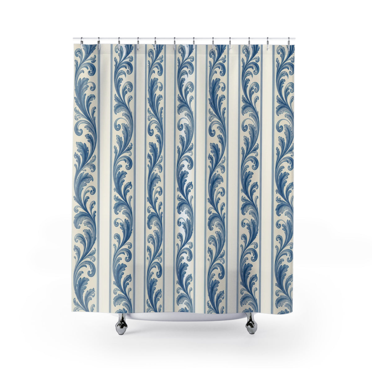 French-blue acanthus leaf stripes on warm ivory shower curtain with full front view