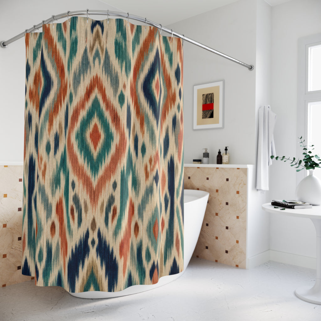 Ikat Shower Curtain, Boho Diamond Geometric Pattern, Teal Rust Bathroom Decor, Global Style Warm Boho Wall Decor Guest Bath Wall Gift
