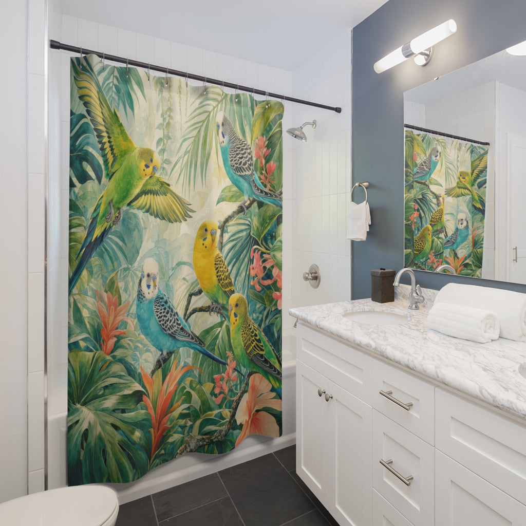 Parakeet Rainforest Canopy shower curtain beside a white vanity