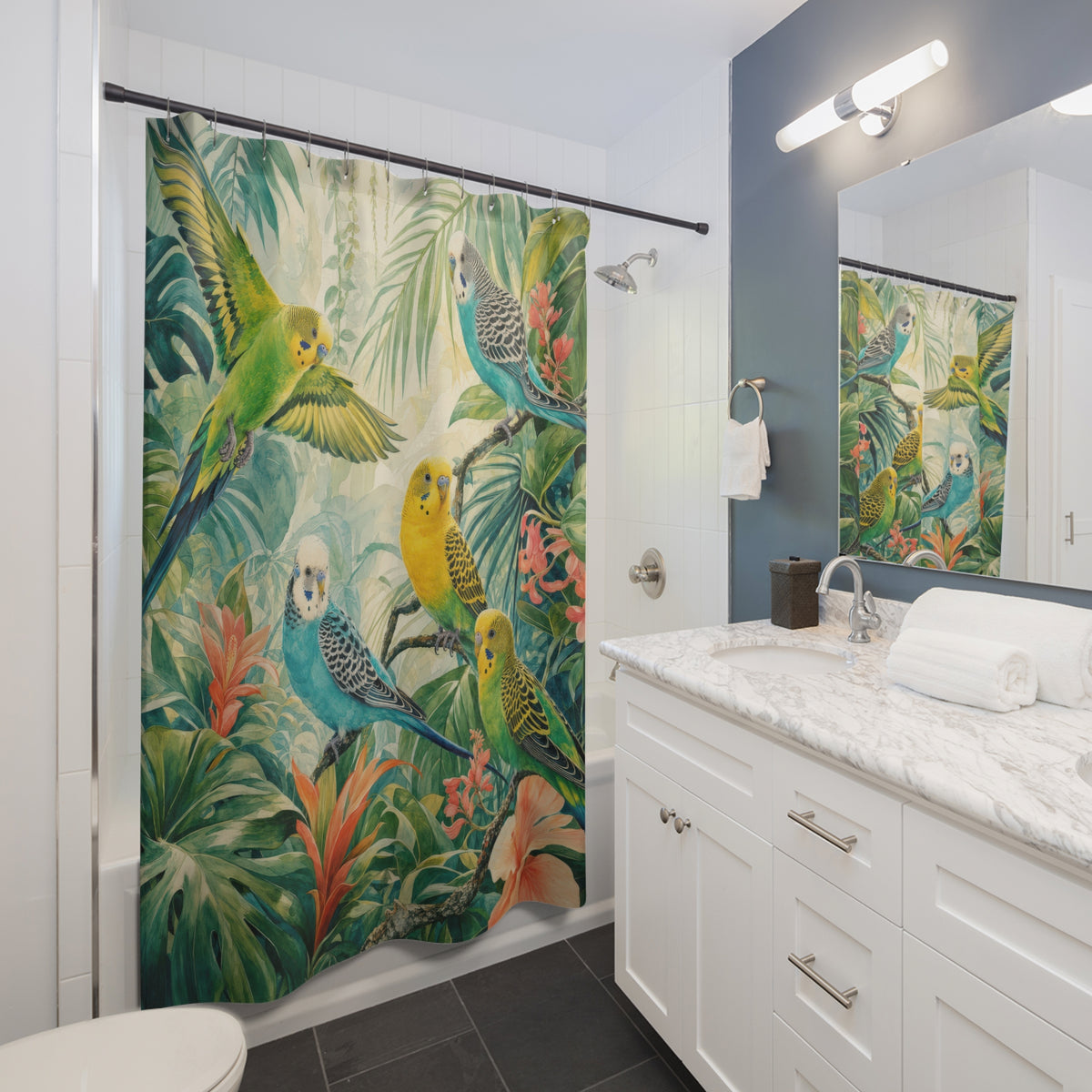 Parakeet Rainforest Canopy shower curtain beside a white vanity
