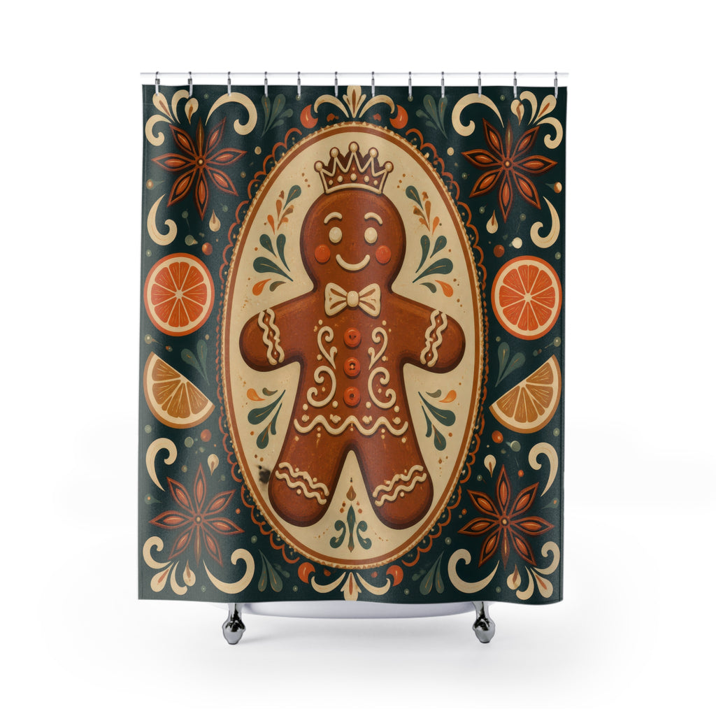 Crowned gingerbread cookie in a folk art medallion shower curtain with full front view