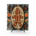 Crowned gingerbread cookie in a folk art medallion shower curtain with full front view