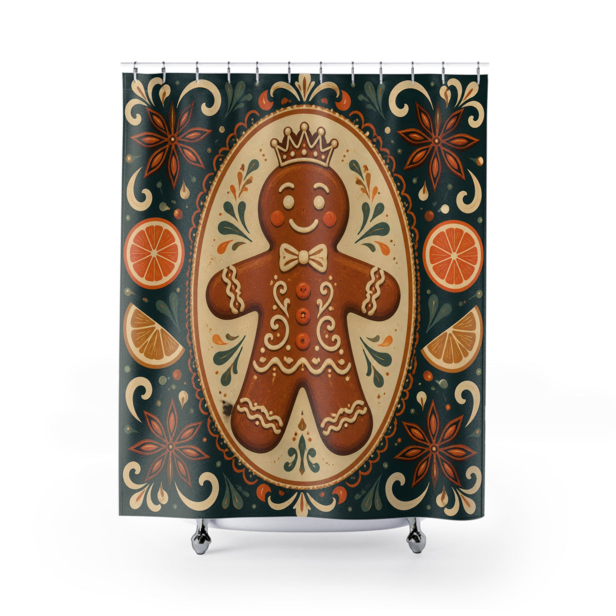 Crowned gingerbread cookie in a folk art medallion shower curtain with full front view