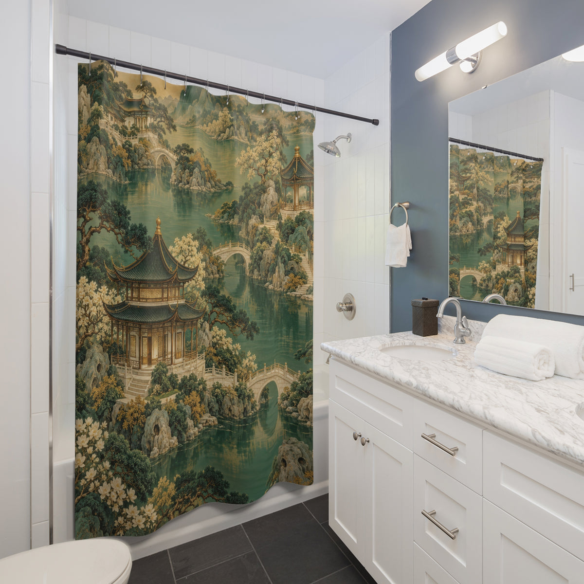 Jade Chinoiserie pavilions and arched bridges shower curtain beside a white vanity