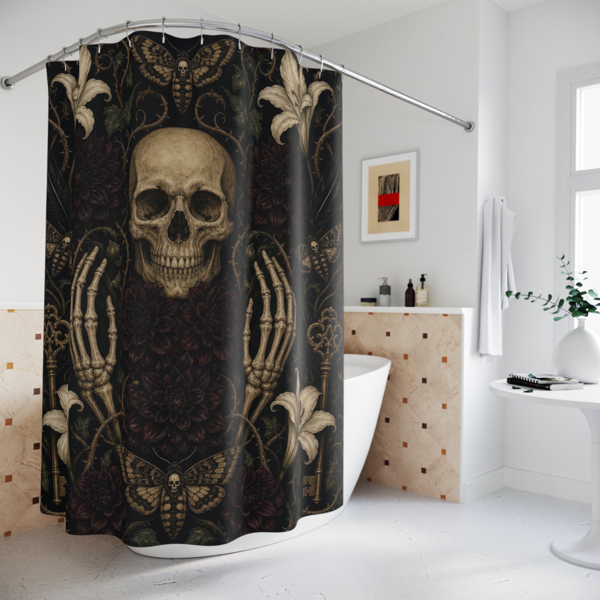 Macabre Shower Curtain, Memento Mori Skull and Dark Floral Garden