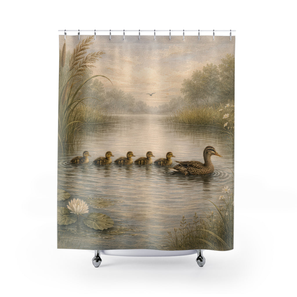 Duck Mother & Ducklings Shower Curtain – Pond Watercolor