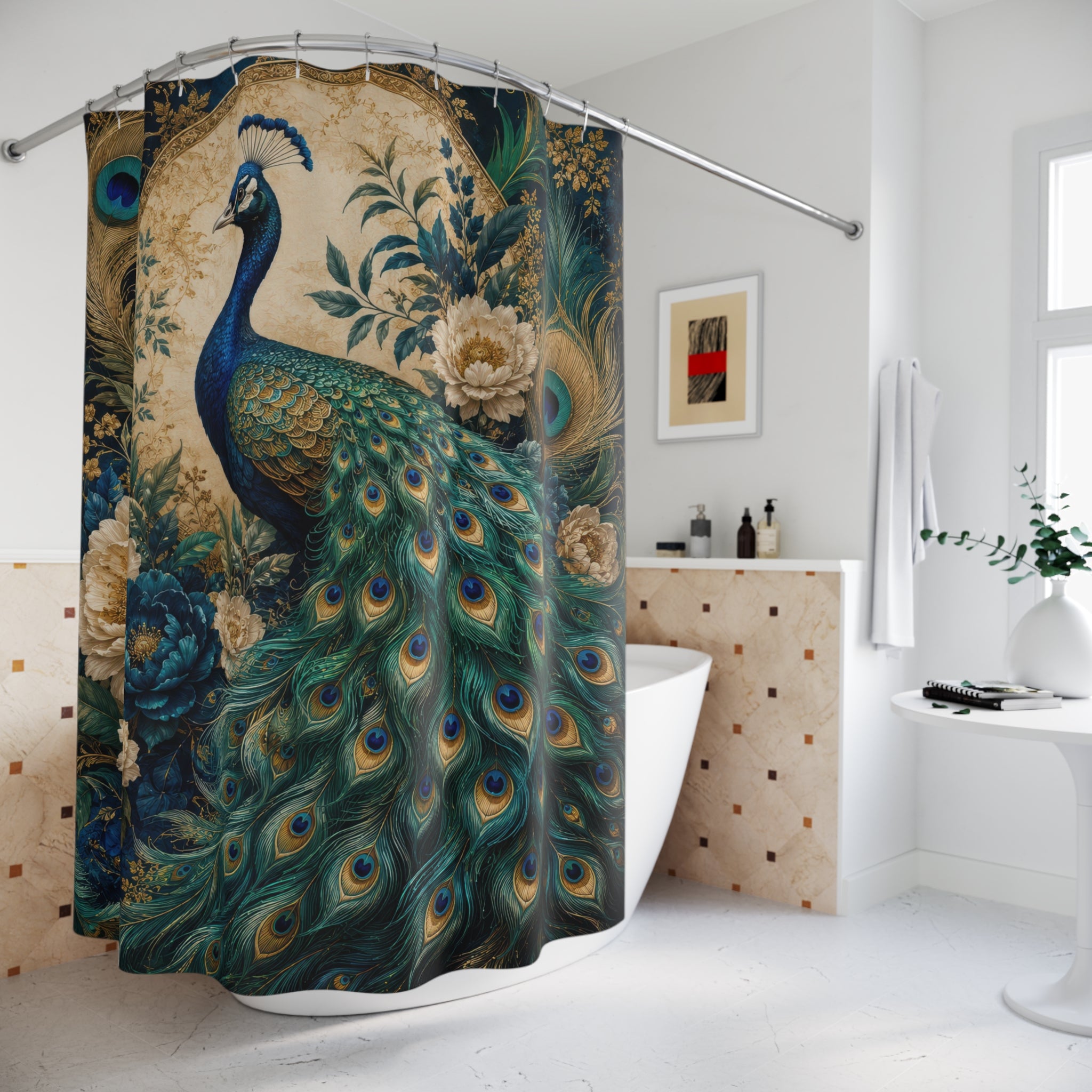Peacock Shower Curtain: Teal Art Nouveau