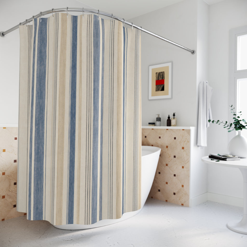 Beige French Country Ticking Stripe Shower Curtain