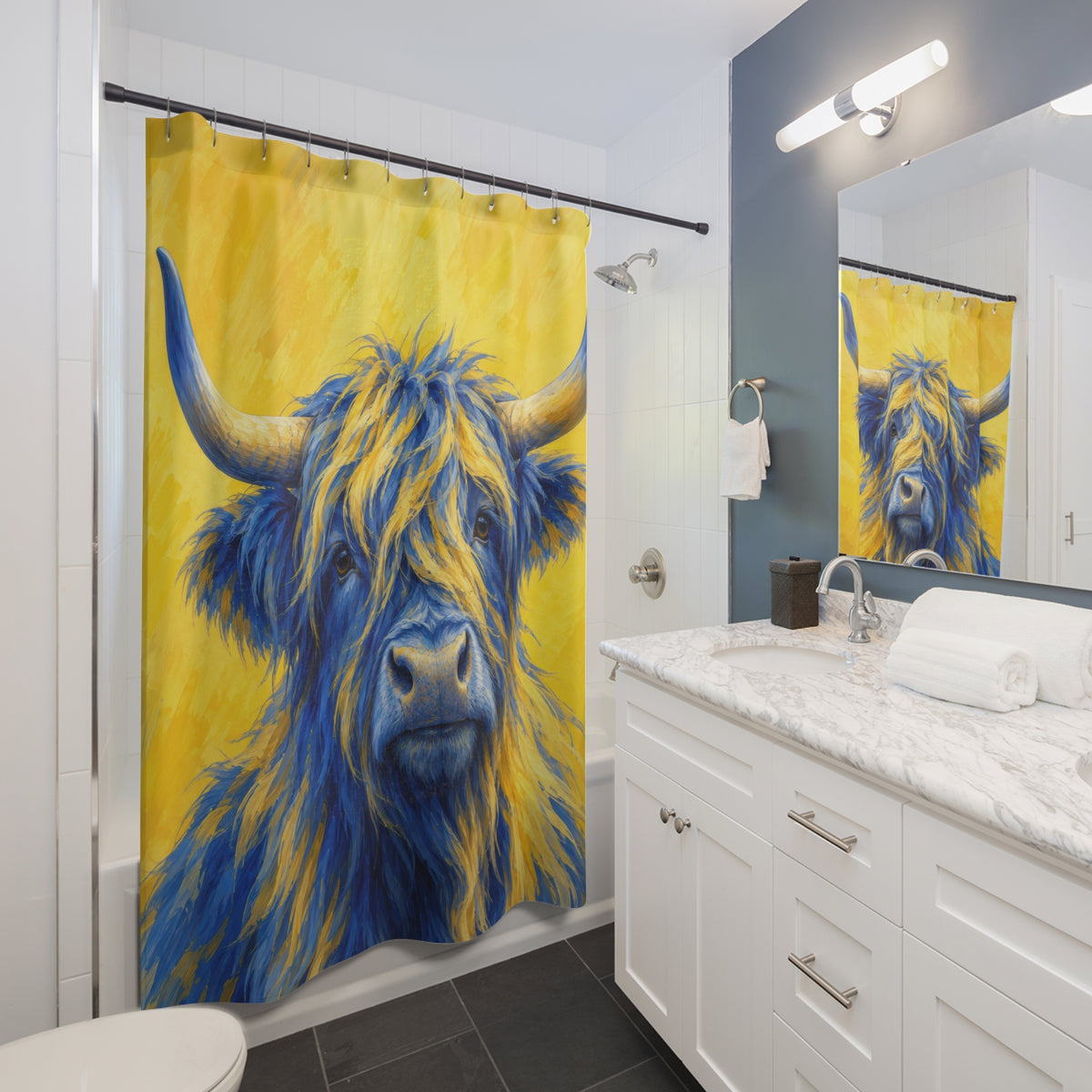 Blue Highland cow with yellow highlights on a yellow ground shower curtain beside a white vanity